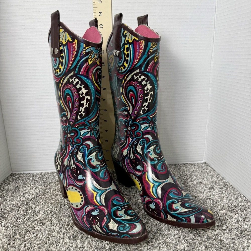 BOPS By Beehive Cowboy RAIN Water BOOTS Size 7 Funky Paisley Pointed ~ Used